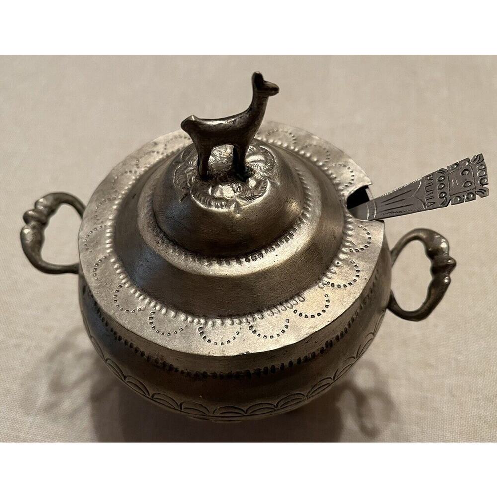 Vintage Bolivian Handmade Sugar Bowl with Lid German Silver Folk Art 3 1/2” Dia